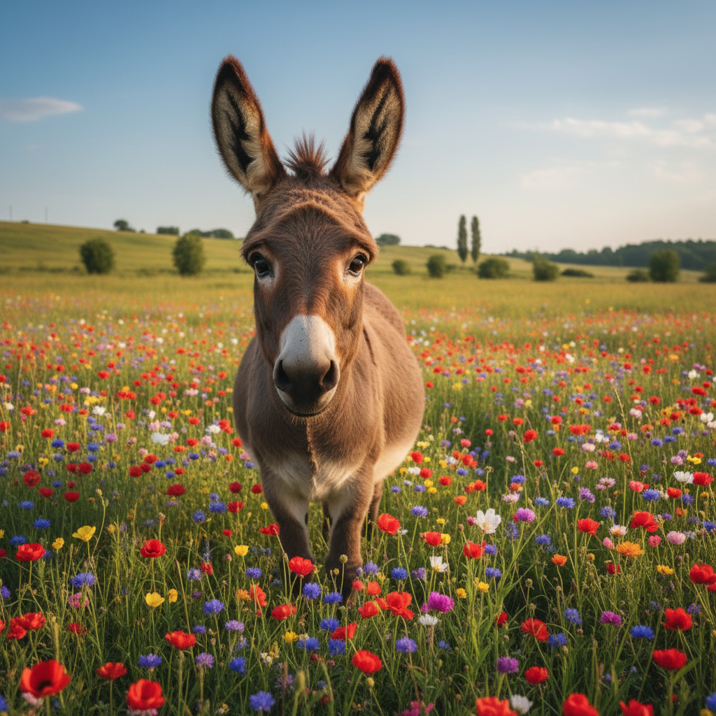 Brown Donkey in Open Meadow