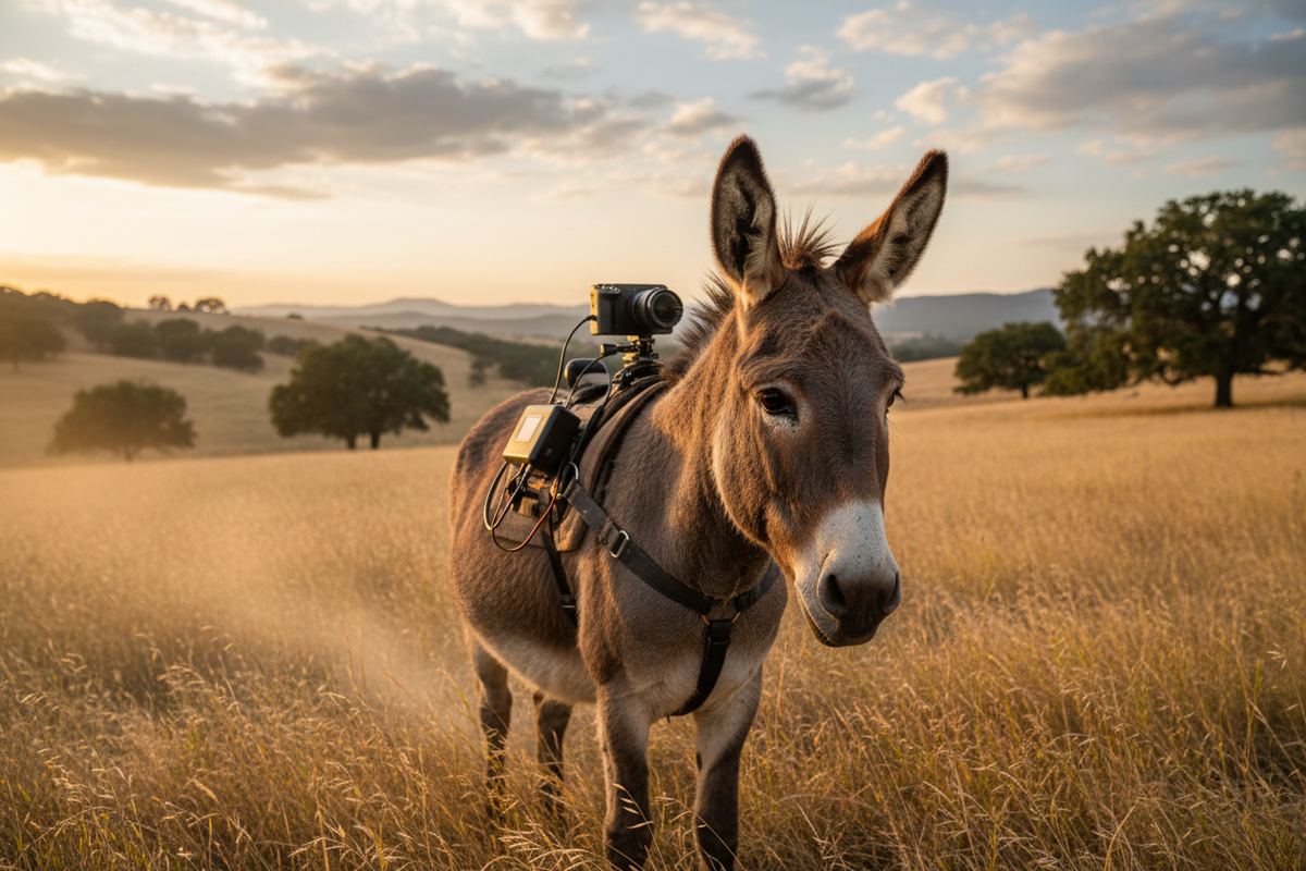 Realistic donkey with a video camera