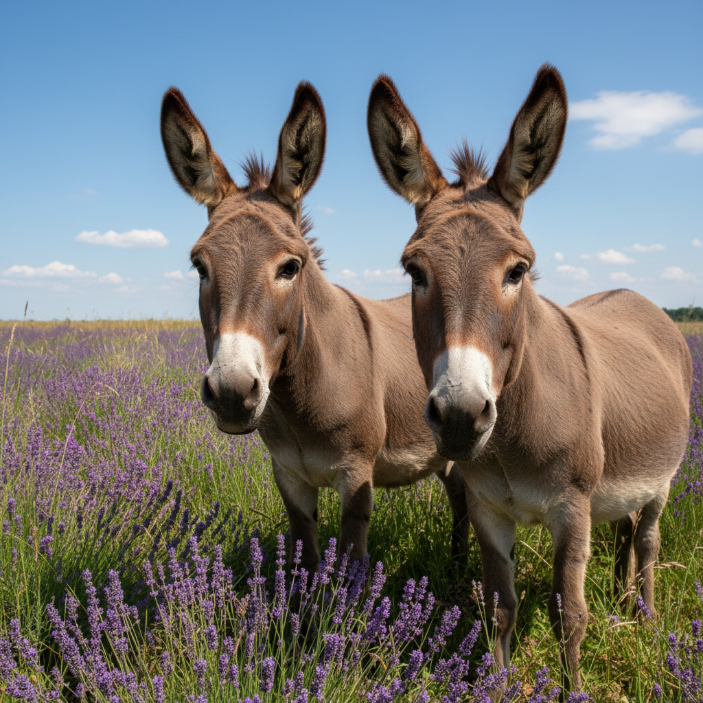 Two Brown Donkeys with Purple Flowers
